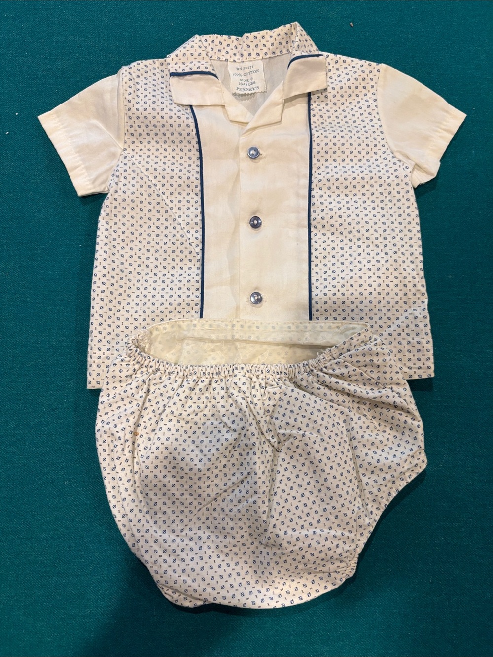 Penney’s Size 0 Vintage 2 Piece Cream and Navy Printed Baby Shirt Set